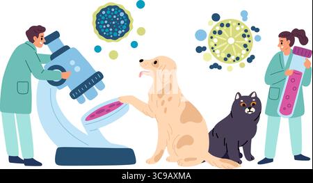 Le personnel de la clinique vétérinaire effectue des tests en laboratoire à l'aide d'un microscope. Recherches en laboratoire sur les microbes animaux de compagnie. Chat et chien à l'hôpital vétérinaire. Analyse médicale pour DO Illustration de Vecteur