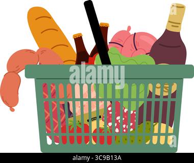 Rangez le panier complet de magasinage portatif avec les produits d'épicerie. Acheter des saucisses et du beurre au supermarché. Pain pain. Légumes frais et fruits dans le récipient. Buvez Illustration de Vecteur