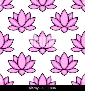 Modèle vectoriel sans couture de fleurs de lotus roses stylisées avec des contours noirs audacieux, créant un design propre et moderne idéal pour diverses applications. Illustration de Vecteur