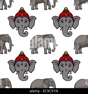 Motif vectoriel sans couture avec de charmantes têtes d'éléphants ornées de coiffes vibrantes et d'illustrations d'éléphants sur tout le corps, créant un an ludique Illustration de Vecteur