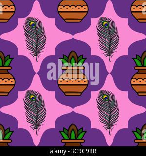 Motif vectoriel sans couture avec des plumes de paon vibrantes et des pots en terre cuite ornées, sur fond de teintes violettes et roses contrastantes, cre Illustration de Vecteur