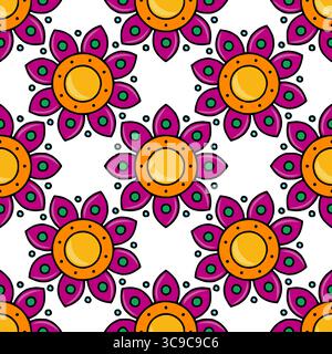 Motif vectoriel sans couture vibrant de fleurs stylisées avec des teintes orange, rose et vert, parfait pour les arrière-plans festifs ou les designs textiles. Illustration de Vecteur
