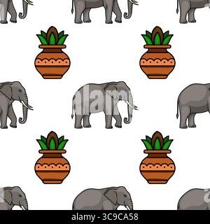 Motif vectoriel sans couture avec éléphants gris stylisés et pots en terre cuite avec des plantes vertes, créant un design unique d'inspiration indienne idéal pour te Illustration de Vecteur