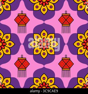 Motif vectoriel vibrant sans couture avec mandalas floraux stylisés et lampes Diya traditionnelles, parfait pour les arrière-plans festifs ou les motifs textiles. Illustration de Vecteur