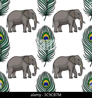 Motif vectoriel sans couture avec éléphants gris stylisés et plumes de paon vibrantes, créant un design exotique et tropical unique idéal pour le textile Illustration de Vecteur