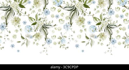 Bordure horizontale sans couture avec de petites fleurs bleues. Motif floral d'aquarelle pour bannière, mariage, impression, papier peint, modèle, papeterie, salutations Banque D'Images