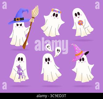 Ensemble de fantômes mignons. Joyeux concept d'Halloween. Illustration de Vecteur