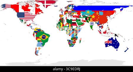 Carte du drapeau du monde utilisant une projection équirectangulaire, montrant les drapeaux nationaux de tous les états Membres de l'ONU au-dessus de leurs pays respectifs. Le Sahara Occidental apparaît en gris clair, reflétant son statut de territoire non autonome sans reconnaissance officielle de l'ONU. Banque D'Images