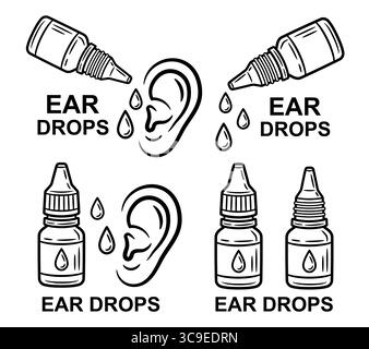 Gouttes médicales de liquide d'oreille, flacon compte-gouttes de médecine, médicament de pharmacie, santé des organes auditifs humains, hygiène propre, icône de ligne de traitement de la maladie d'otite Illustration de Vecteur