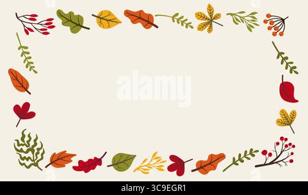 Le cadre rectangulaire fait de feuilles d'automne colorées et de baies est affiché sur un fond beige clair, créant un design festif et saisonnier Illustration de Vecteur