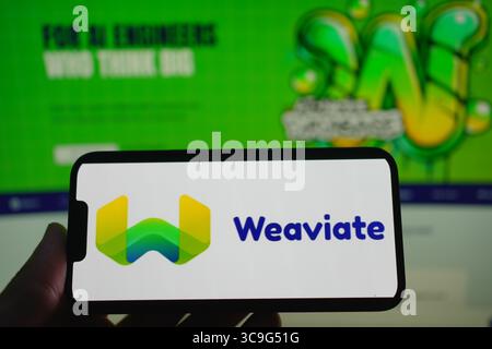 Roosendaal, pays-Bas - 05 août 2025 : un téléphone portable affichant le logo de la société Weaviate, avec le site Web de la société en arrière-plan. Banque D'Images