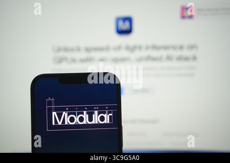 Roosendaal, pays-Bas - 05 août 2025 : un téléphone portable affichant le logo de l'entreprise Modular, avec le site Web de l'entreprise en arrière-plan. Banque D'Images