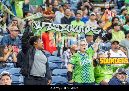 Seattle, Seattle, États-Unis. 3 août 2025. Les fans des Seattle Sounders retardent le départ avant le match, Seattle Sounders vs Santos Laguna, lors de la Coupe des ligues 2025, au Lumen Field, à Seattle, Washington. (Crédit image : © Melissa Levin/ZUMA Press Wire) USAGE ÉDITORIAL SEULEMENT ! Non destiné à UN USAGE commercial ! Banque D'Images