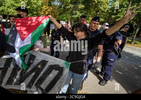 Un manifestant fait des gestes tout en tenant le drapeau palestinien pendant la manifestation. Dans l'après-midi du 5 août, la veille de la prestation de serment du nouveau président polonais, des militants pro-palestiniens ont bloqué la route devant la Chancellerie du premier ministre polonais à Varsovie. Les manifestants appellent à la fin de la coopération du gouvernement avec le gouvernement sioniste de droite d'Israël. Les manifestants ont bloqué la route avec une banderole et des fusées éclairantes avant que la police ne les emmène sur le bord de la route, où la manifestation a continué. Banque D'Images