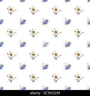 Seamless pattern. Watercolor bouquet of flowers. Composition of daisies, a flying bumblebee, blue chrysanthemums, and dry twigs. The illustration is hand-drawn on a white background Banque D'Images