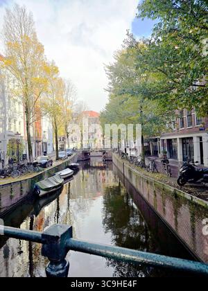 Arbres d'automne et reflets de canal le long d'un sentier tranquille d'Amsterdam par un matin brumeux. Banque D'Images