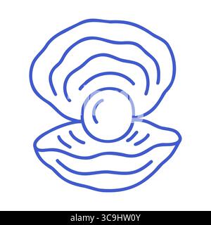 Coquille d'huître ouverte avec perle dans le style art de ligne bleu marine. Icône marine dessinée à la main. Illustration isolée du vecteur de contour. Illustration de Vecteur