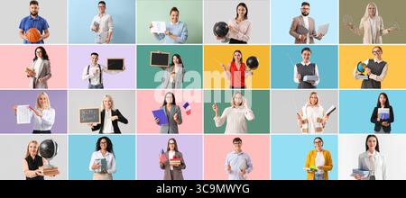 Collage avec de nombreux enseignants sur fond de couleur Banque D'Images