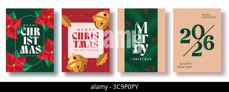 Ensemble d'affiche vectorielle de voeux de Noël et de nouvel an élégant plat avec fond floral. Illustration de Vecteur