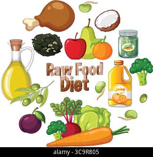 Illustration vectorielle vibrante des aliments crus, y compris les fruits, les légumes et les huiles. Les couleurs vives et la composition épurée améliorent l'attrait visuel Illustration de Vecteur