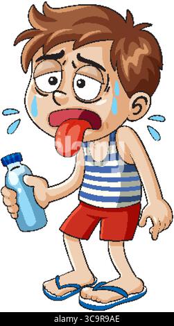 Illustration vectorielle d'un garçon en sueur et assoiffé tenant une bouteille d'eau, portant des vêtements d'été, avec des expressions exagérées Illustration de Vecteur