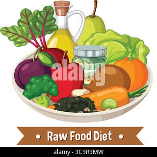 Illustration vectorielle d'un bol de régime alimentaire cru avec des légumes et des fruits vibrants, mettant en évidence une alimentation saine et des ingrédients naturels Illustration de Vecteur
