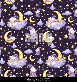 Gnomes mignons dormant sur le croissant de lune dans le nuage avec des étoiles aquarelle motif sans couture pour la conception des enfants. Elfs d'illustration dessinés à la main de rêves de fées Banque D'Images