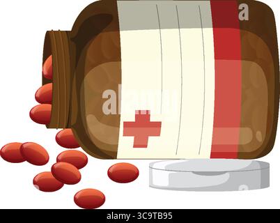 Illustration vectorielle d'une bouteille de médecine brune renversée, comprimés rouges débordant, style minimaliste, couleurs plates, composition propre, dos blanc Illustration de Vecteur