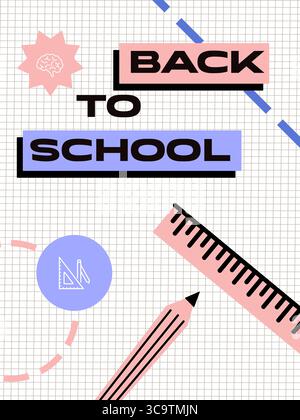 Design créatif pour la rentrée des classes avec éléments de papeterie et motifs amusants aux couleurs éclatantes Banque D'Images