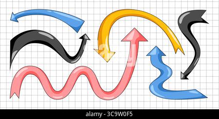 Flèches courbes avec mouvement ludique dans un style rétro - formes directionnelles ondulées et droites fluides pour les graphiques de navigation. Les éléments dynamiques se tordent sur la grille bg pour les interfaces web ou la conception infographique. Illustration de Vecteur