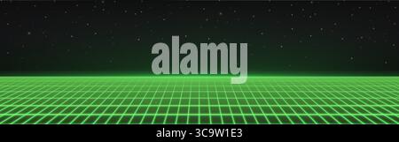 Plancher de grille rétro de jeu vert s'étendant dans l'espace sombre avec des étoiles dispersées pour le cyberpunk et la conception de science-fiction. Lignes de perspective néon avec ciel étoilé. Fond de technologie numérique pour bannière de jeu. Illustration de Vecteur