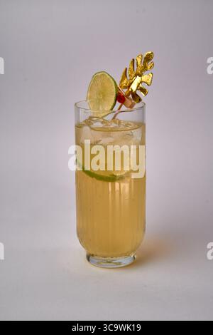 Cocktail rafraîchissant garni d'une tranche de citron vert et d'une feuille décorative, mettant en vedette de la glace fraîche dans un grand verre sur fond minimaliste pour une ambiance vibrante Banque D'Images