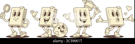 Illustration vectorielle de jeu de mascotte positive de personnage de dessin animé souriant de livre enfantin. Mignon gai littérature de manuel avec loupe globe coeur l Illustration de Vecteur