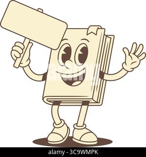 Smiley de personnage de dessin animé de livre enfantin drôle avec illustration vectorielle de panneau vide. Mignon bande dessinée minimaliste littérature de manuel bibliothèque de lecture Educa Illustration de Vecteur