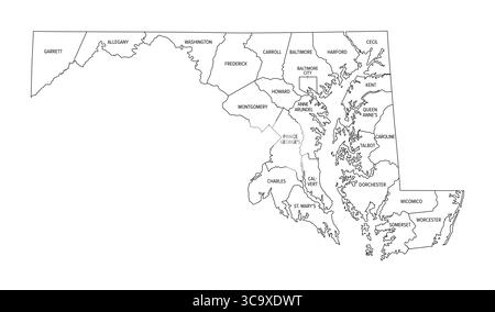 État du Maryland, subdivisé en 23 comtés et la ville indépendante de Baltimore, plan. État de la région Mid-Atlantic des États-Unis. Banque D'Images