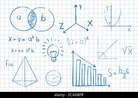 Formules de symboles mathématiques sur fond de page de bloc-notes. Symboles d'esquisse équations mathématiques, schémas formes géométriques. . Illustration vectorielle Illustration de Vecteur