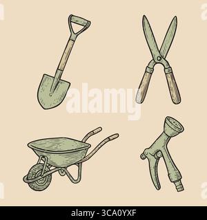 Un ensemble de quatre outils de jardinage rustiques : une pelle, cisaille à haies, brouette et excavatrice manuelle de trou de poteau. Illustration de Vecteur