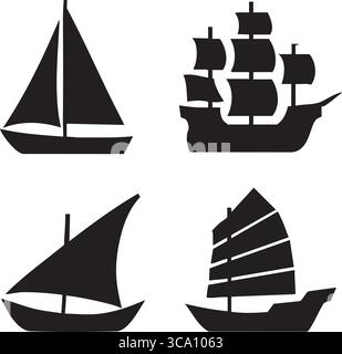 Quatre icônes de silhouette noire d'un voilier de sloop, d'un galion multi-mât, d'un bateau lateen triangulaire et d'un navire de jonque classique. Illustration de Vecteur