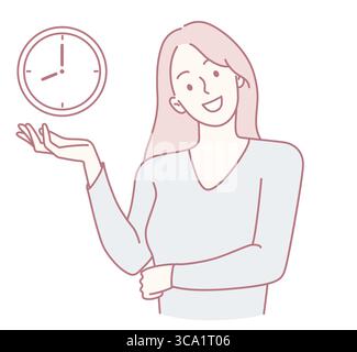 Une femme démontre des compétences en gestion du temps par une grande horloge, soulignant l'efficacité et la productivité dans la vie quotidienne Illustration de Vecteur