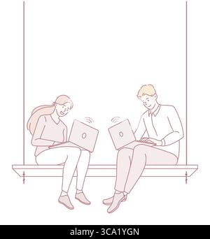 Deux personnes se concentrent intensément sur leurs ordinateurs portables, représentant les méthodes contemporaines de travail à distance et de collaboration Illustration de Vecteur