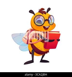 Personnage étudiant d'abeille mignonne de dessin animé avec sac à dos et livre à la main. Vecteur isolé drôle de pupille d'insecte personnage portant des lunettes avec une expression joyeuse, respire la curiosité, la connaissance et l'apprentissage Illustration de Vecteur