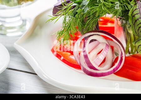 Assiette de légumes frais avec oignon, tomate et herbes. Concentrez-vous sur l'oignon et l'image macro. Banque D'Images