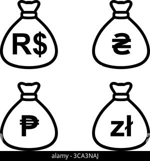 Sacs d'argent avec Real brésilien, hryvnia ukrainienne, Peso philippin et icônes de zloty polonais Illustration de Vecteur