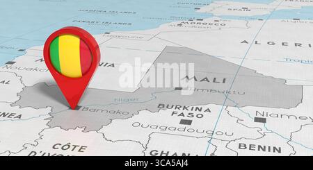 Mali, Bamako - épingle de localisation avec drapeau national sur la carte politique - illustration 3D. Banque D'Images