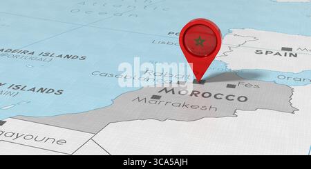 Maroc, Rabat - épingle de localisation avec drapeau national sur la carte politique - illustration 3D. Banque D'Images