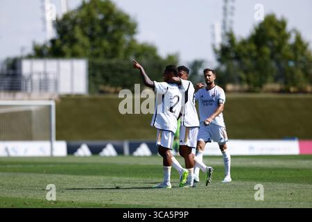 12 août 2023, VALDEBEBAS, MADRID, ESPAGNE : Vinicius Tobias de RM Castilla célèbre un but lors du match de football amical joué entre le Real Madrid Castilla et le CD Fuenlabrada au stade Alfredo Di Stefano le 12 août 2023, à Valdebebas, Madrid, Espagne. (Crédit image : © Oscar J. Barroso/AFP7 via ZUMA Press Wire) Banque D'Images