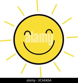 Cette illustration joyeuse présente un soleil jaune vif avec un visage heureux, rayonnant de chaleur et de positivité. Illustration de Vecteur