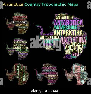 Antarctique. Ensemble d'illustrations de pays de style typographique. Construction de forme de carte Antarctique de noms de pays horizontaux et verticaux. Illustration vectorielle. Illustration de Vecteur