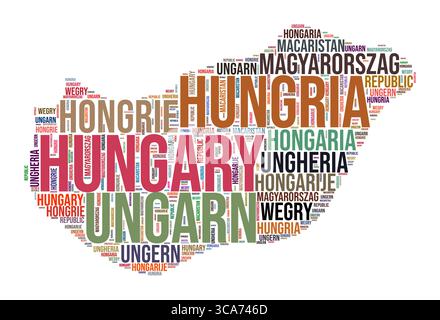 Nuage de mots en forme de pays Hongrie. Illustration de pays de style typographique. Image Hongrie dans le style nuage de texte. Illustration vectorielle. Illustration de Vecteur