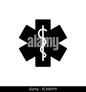 Ce symbole médical noir et blanc présente le design classique de l'étoile de la vie fusionné avec un caducée. Idéal pour les soins de santé et les contextes médicaux. Illustration de Vecteur